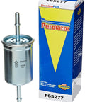F65277 Fuel Filter For Clean Fuel, Better Gas Mileage, And Stronger Engine Performance, in packaging with metal cylindrical design
