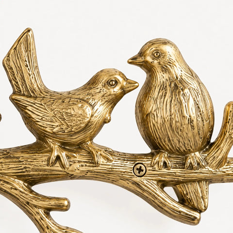 Vintage Cast Iron Bird Branch Wall Hook Dead Tough Rustic Coat Rack For Entryway Cottagecore Home Decor With Slick Gold Finish showing detailed birds.