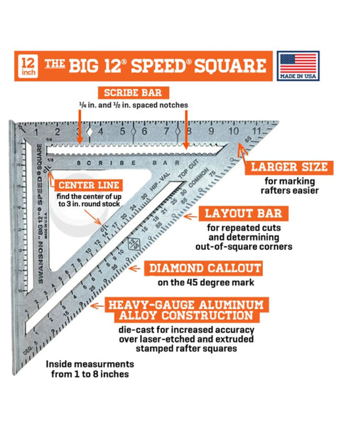 Diagram of Big 12 12-Inch Speed Square Layout Tool Seven Tools In One With Matte Aluminum showing features and measurements.