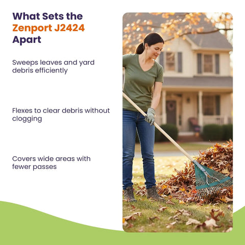 Leaf Rake Head With Deluxe Spring, 24 Inch Wide Metal Rake With 24 Tines, used by a person for cleaning leaves in yard