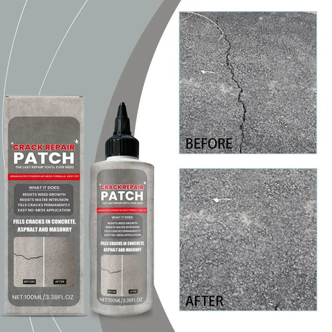 Product image showing Concrete Crack Filler And Sealant For Driveways And Patios No Mess Waterproof Joint Repair With High Elasticity Expansion Formula 100ml Volume And Self Leveling Agent Weather Resistant Polymer Sealant For Pavement next to before and after crack repair.