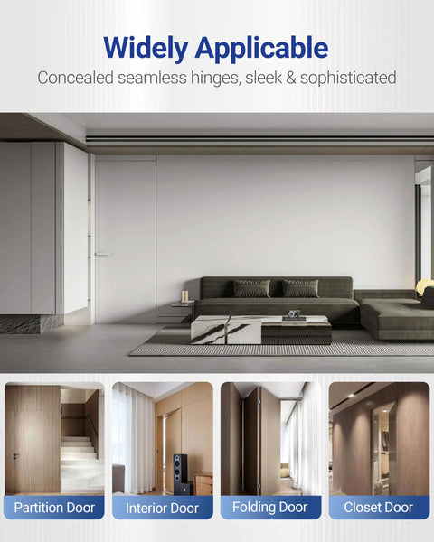 Modern living room with multiple types of doors demonstrating applications for Hidden Door Hinges 6x2.5x1 Inch Zinc Alloy Concealed Hinge Set.
