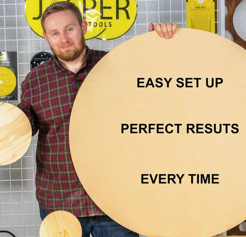 Person holding a large circle cut from wood with text 'Easy Setup, Perfect Results, Every Time' related to Heavy Duty Circle Cutter Router Jig Pro Grade Circle Jig Kit Cuts Perfect Circles From 7 To 52.75 Inches, Includes Centering Disc And Pivot Pins, Fits 50 Popular Routers Limited Edition.