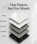 Five shades of marble vinyl including white, white matte, deep gray, gray matte, and black. "One Pattern but Five Moods" text.