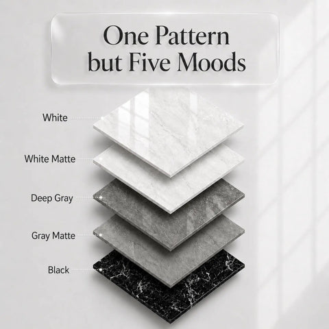Five shades of marble vinyl including white, white matte, deep gray, gray matte, and black. "One Pattern but Five Moods" text.