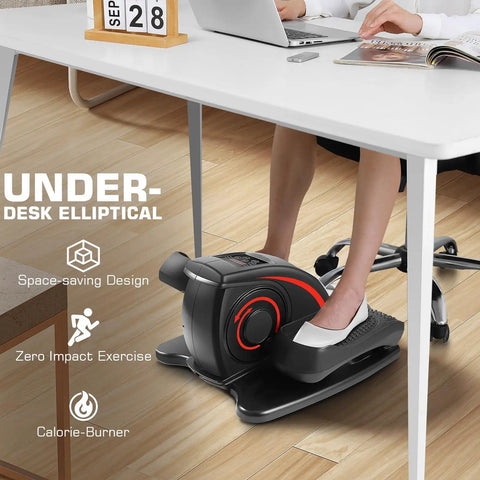 Person using Under Desk Elliptical Machine With LCD Display Electric Seated Pedal Exerciser Portable Quiet Mini Elliptical For Home Use 2 In 1 Power And Manual Modes Compact Low Impact Leg Exerciser For Office Or Living Room Dark Black under desk