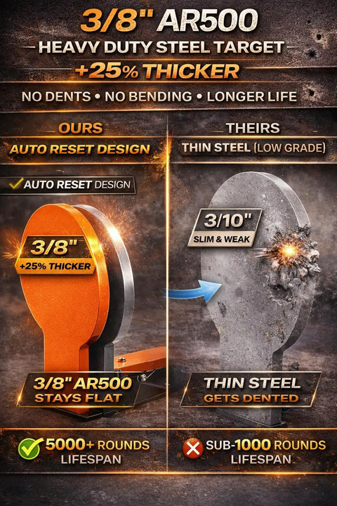 Comparison of 3/8 inch AR500 auto-reset steel target with thin steel, highlighting durability and lifespan for outdoor range training.