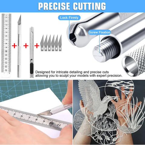 Close-up of 25-Piece Model Building Tools Kit For Hobbyists And DIY Enthusiasts with cutting tools and precision tools.