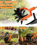 Two In One Rotary Hand Tiller with an adjustable 63-inch stainless steel pole, front weeding blades, and rear tilling blade for gardening.