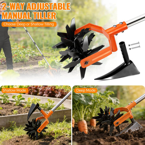 Two In One Rotary Hand Tiller with an adjustable 63-inch stainless steel pole, front weeding blades, and rear tilling blade for gardening.