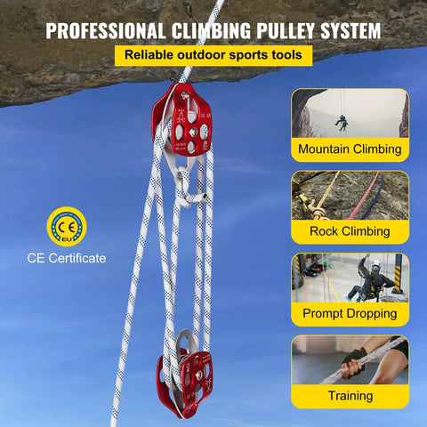 Heavy Duty Twin Sheave Block And Tackle With 1/2 Inch Braided Poly Rope, 7700 Lb Break Rating, Forged Aluminum Double Pulley Rigging System Built Like A Tank For No Sweat Heavy Hauling in use outdoors.