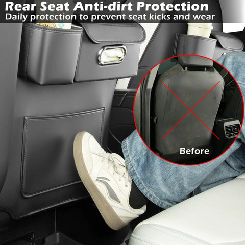 Custom Fit Seat Back Kick Protector And Rear Organizer For Tesla Model Y Model 3 Model S And X showing rear seat protection with pockets.