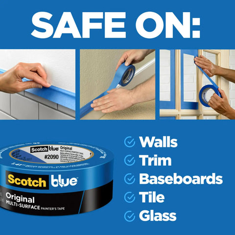 Blue Painter Tape For All Surfaces 1.88 Inch Wide Six Roll Pack applied to walls, trim, and baseboards with checkmarks indicating safe use.
