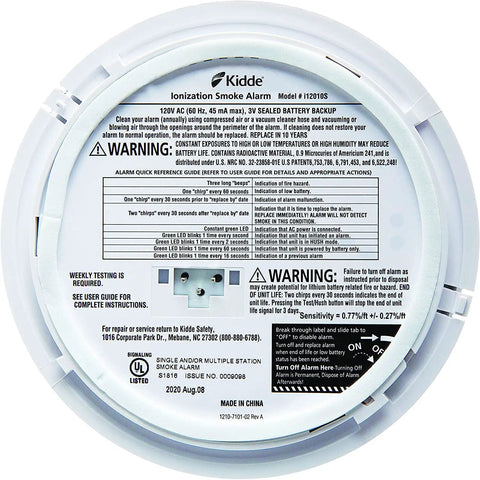 Back view of Hardwired Smoke Alarm With 10 Year Battery Backup Interconnect And Test Silence Button showing labels and warnings.