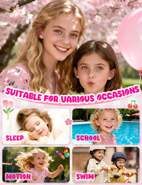 16 Pairs Hypoallergenic Screw Back Earrings Set For Girls And Kids Featuring CZ Studs, Pearl, Heart, Star, Flower And Ball Designs In Stainless Steel, Super Cute And Safe For Sensitive Ears, girls wearing stud earrings outdoors