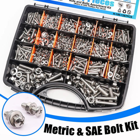 1287 Piece Nuts And Bolts Assortment Kit Made From Badass 304 Stainless Steel in a portable case with assorted metric and SAE sizes.