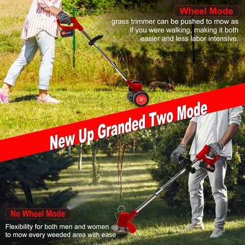 Person using Cordless Weed Wacker 3-In-1 Grass Trimmer For Yard Work, 21V Battery Powered, 850W Copper Motor Up To 18000 RPM, in wheel mode