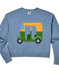 Fire Ladies Auto Rickshaw Crop Sweatshirt With Epic Tuk Tuk Street Graphics in blue, relaxed pullover, vintage washed cotton blend.