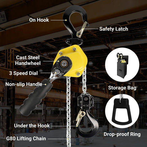 Half Ton Lever Chain Hoist Come Along With G80 Chain 10 Feet Lift Portable Manual Hoist 1100 Lbs Capacity Heavy Duty Chain Block With Hook