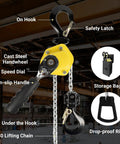 Heavy Duty Manual Lever Chain Hoist Come Along One Quarter Ton Capacity Portable Five Foot Lift G80 Zinc Load Chain With Rugged Alloy Steel Hook Hand Winch for DIY Garage and Light Industrial Lifting featuring cast steel handwheel.