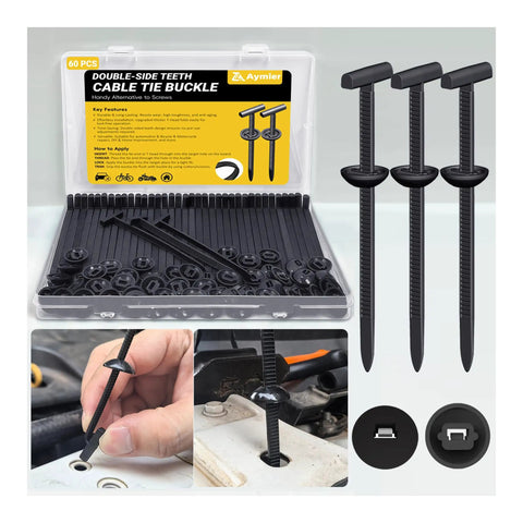 Open box of Upgraded Double Sided Teeth Self Locking Nylon Universal Cable Tie Buckle Kit For Cars And Home Use with close-up views