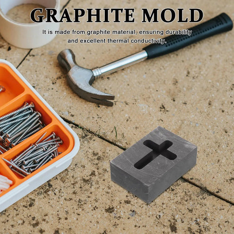 Graphite Cross Shaped Casting Mold for Melting Trusted by Jewelers High Precision Graphite Tool beside nails and hammer