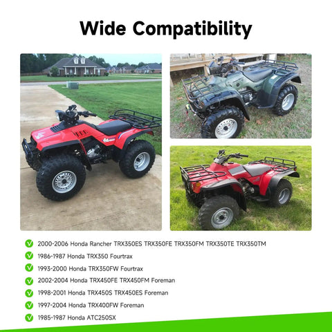 Three Honda ATVs parked outdoors with compatibility list including Rancher 350 ATV Carburetor Kit With Air Filter And Oil Filter For Honda Fourtrax 2000 Through 2006 4X4 Rebuild Replacement Parts Durable For Rough Trails And Everyday Rides.
