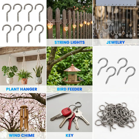 No Sweat Setup 304 Stainless Steel M2 Screw In Eye Bolts Built Tough for plant hangers and bird feeders displayed.