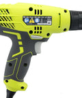 Side view of a green Beefy 5.5 Amp Corded 3/8 Inch Variable Speed Compact Drill Driver with textured grip handle.