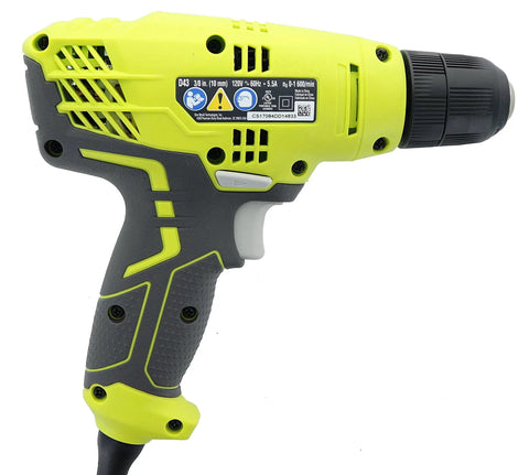 Side view of a green Beefy 5.5 Amp Corded 3/8 Inch Variable Speed Compact Drill Driver with textured grip handle.