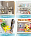 Clear Acrylic Stackable Storage Drawers 4 Pack Sleek Kitchen Cabinet Organizers, showing under sink and fridge organization.