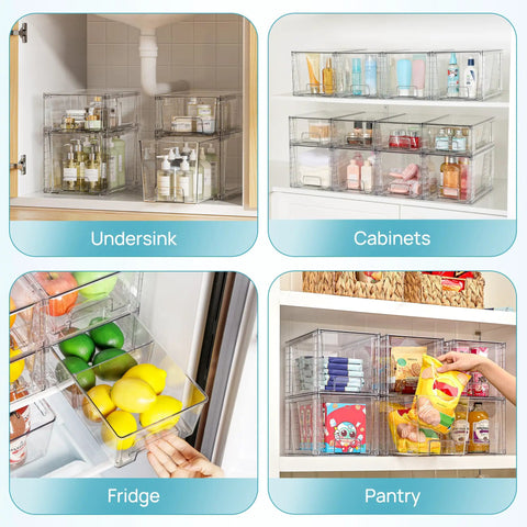 Clear Acrylic Stackable Storage Drawers 4 Pack Sleek Kitchen Cabinet Organizers, showing under sink and fridge organization.