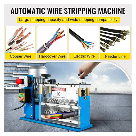 Automatic Electric Wire Stripper Machine For Copper Scrap Peeler Tool with large wire capacity and safety features.