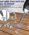 Beefed Up 214 Piece Button Head Torx Security Screws Kit With Stainless Steel Self Tapping Sheet Metal Fasteners In Size Eight And Ten Plus Included Security Bits For No Sweat Tough Renovation Projects, showing screws and Torx drill bit.