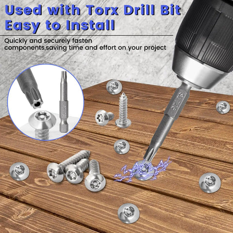 Beefed Up 214 Piece Button Head Torx Security Screws Kit With Stainless Steel Self Tapping Sheet Metal Fasteners In Size Eight And Ten Plus Included Security Bits For No Sweat Tough Renovation Projects, showing screws and Torx drill bit.