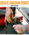 Hands using Heavy Duty Ratchet Strap Set 2300 Lb Break Strength 4 Pack 15 Feet By 1 Inch Wide With Soft Loops on machinery