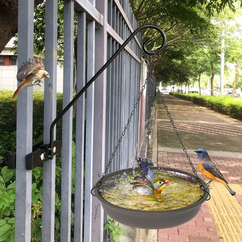 Solid As A Rock Heavy Duty Deck Hooks For Hanging Flower Baskets Bird Feeders And String Lights fitted on metal railing with birds bathing.