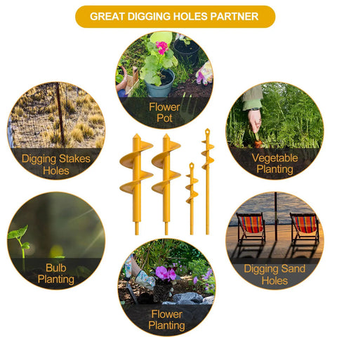 Auger Drill Bit For Planting 4-Piece Set Bulb Auger And Easy Earth Auger for various digging projects in garden and sand.