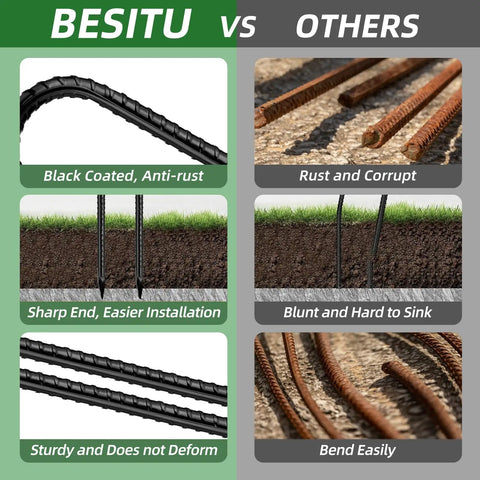 Comparison between black coated 12 Inch Rebar J Hook Ground Stakes 16 Pack Heavy Duty Galvanized Fence Stakes and rusted ones
