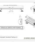 Technical drawing of 30 Inch Linear Shower Drain With Tile Insert Grate And Hair Strainer Includes Leveling Feet 2 Inch Center Outlet