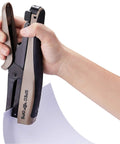 Person using Heavy Duty 45 Sheet Plier Stapler With Comfort Grip Jam Free Operation Reduced Effort Drive Heat Treated Steel Construction.