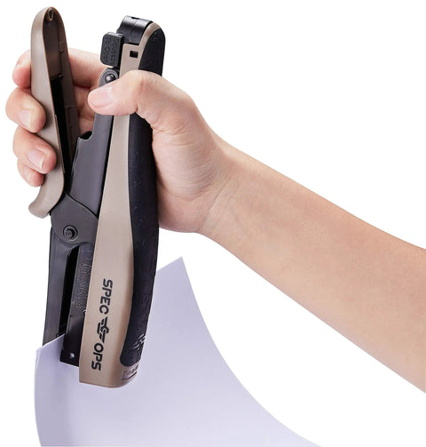Person using Heavy Duty 45 Sheet Plier Stapler With Comfort Grip Jam Free Operation Reduced Effort Drive Heat Treated Steel Construction.