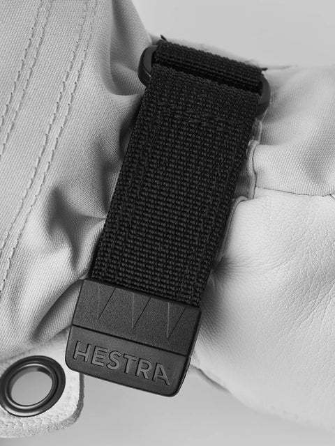 Close-up of strap on Army Leather Heli Ski 3 Finger Women's Leather Snow Glove For Skiing Snowboarding And Mountaineering