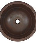 Top view of Dual Mount Handmade Pure Solid Copper Bathroom Sink In Aged Copper Finish, Fifteen And A Half Inch, circular basin