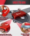 Rock Solid Stainless Steel Angle Protractor With Dead Accurate 0 To 180 Degree Readings For Woodworking Bench Projects Plus Integrated Straight Edge Marking Ruler in use with knurled thumb nuts.
