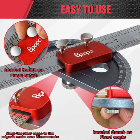 Rock Solid Stainless Steel Angle Protractor With Dead Accurate 0 To 180 Degree Readings For Woodworking Bench Projects Plus Integrated Straight Edge Marking Ruler in use with knurled thumb nuts.