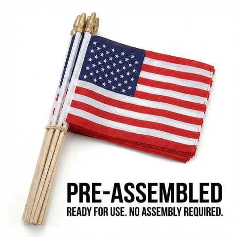 Bulk 100 Pack Handheld American Flags On Sticks 4x6 Inches preassembled on wooden sticks
