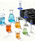 Comprehensive Lab Chemistry Glassware Set for Experiments with beakers, flasks, cylinders, droppers, stirring rod, and foam packing