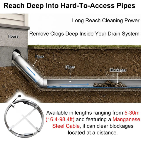Heavy Duty Flat Steel Snake Tool And Rugged Manganese Steel Drain Auger For Outdoor Sewer Lines Knocks Out Nasty Clogs Fast While Slipping Past Tight Bends Without A Hitch Guaranteed showing pipes with blockages underground.