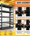 Heavy Duty Adjustable Five Tier Metal Garage Shelving Unit With Anti Slip Feet Anti Fall Rails Wall Anchor Hardware And Built Tough Garage Ready Storage On Uneven Floors, black steel shelf
